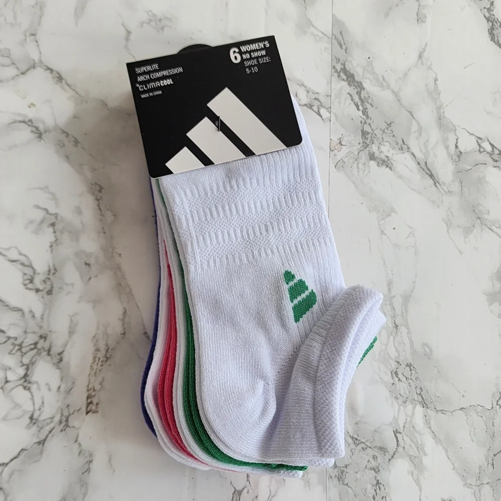 Adidas Superlite No Show Socks, Women's 6 Pair  Size 5-10,  new multi-color